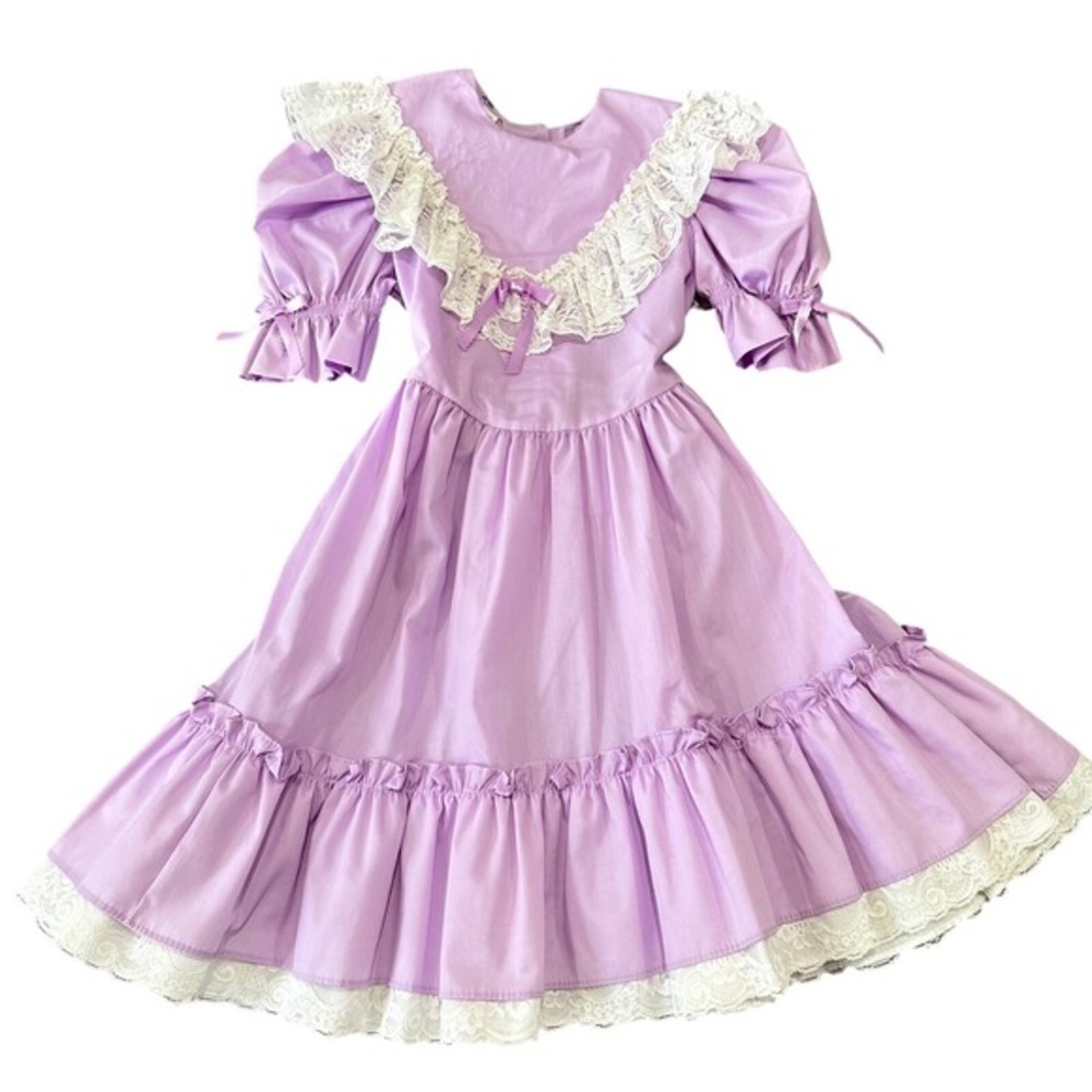 Vintage Mini World Girls Purple Prairie Dress Lace Ruffle Puff Sleeve‎ Lilac XS